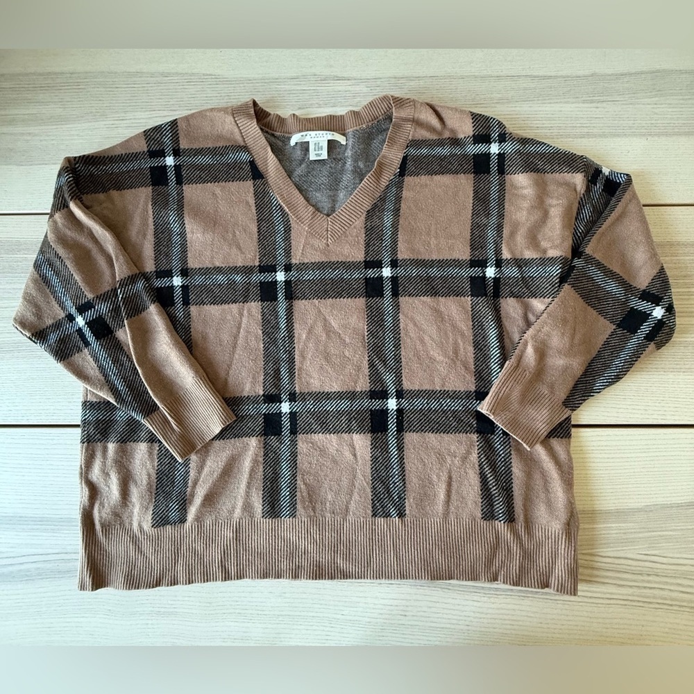 Max Studio brown black pullover plaid v-neck sweater plus size 2X